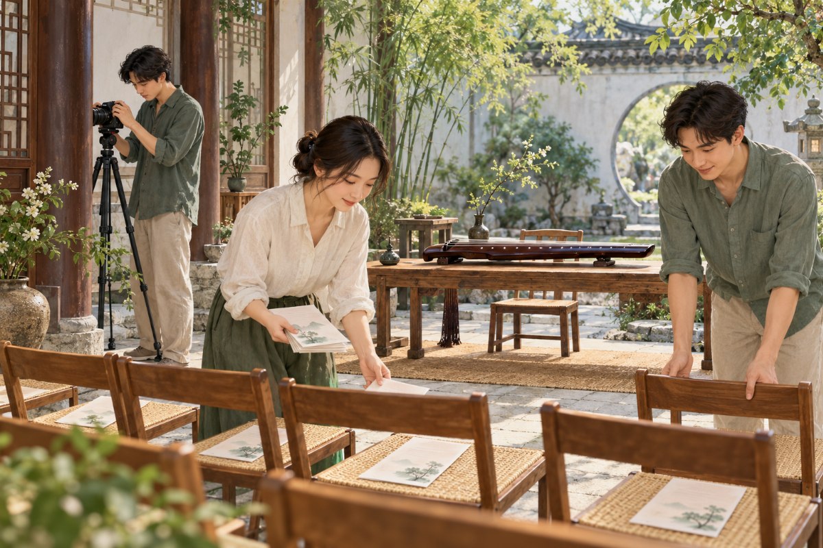 雅集筹备与服务的志愿共建场景插画